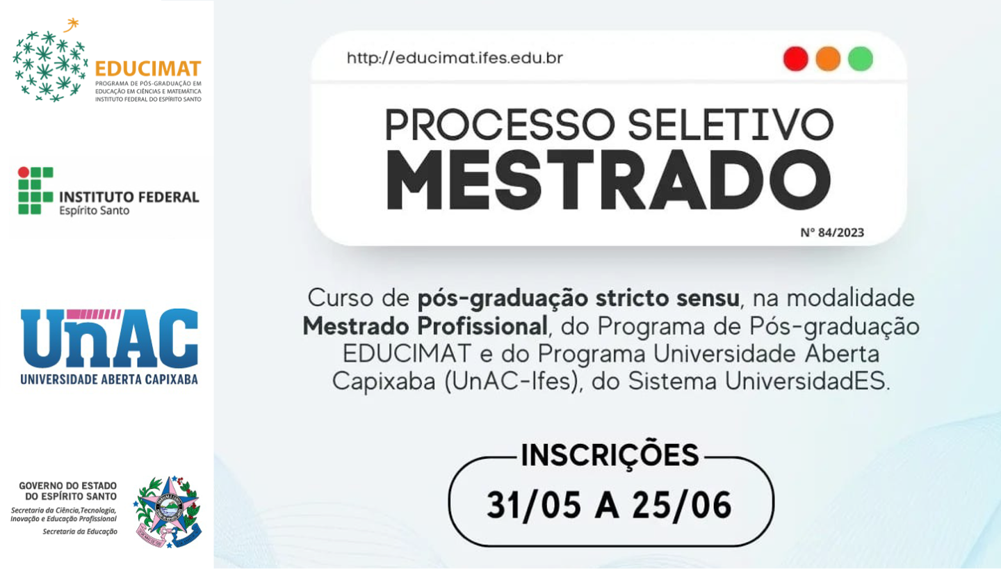 Publicado o Edital Educimat para Mestrado em parceria com Universidade Aberta Capixaba - UnAC
